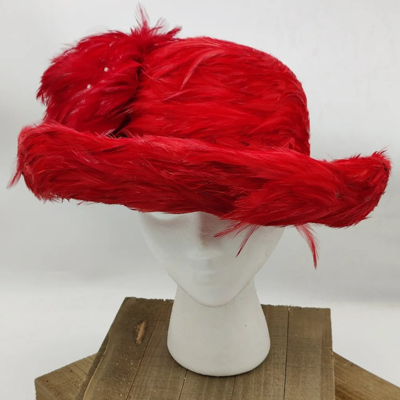 Vintage Albrizio Hat / Red Feathers + Rhinestones - Picture 1 of 7